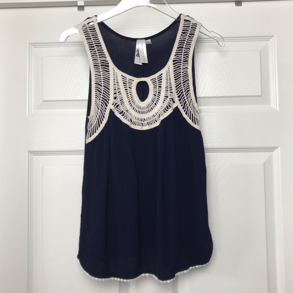 Society Girl | Navy and Cream Embellished Tank